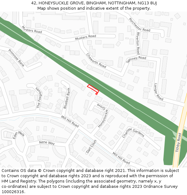 42, HONEYSUCKLE GROVE, BINGHAM, NOTTINGHAM, NG13 8UJ: Location map and indicative extent of plot