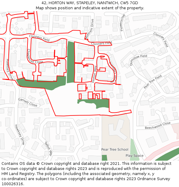 42, HORTON WAY, STAPELEY, NANTWICH, CW5 7GD: Location map and indicative extent of plot