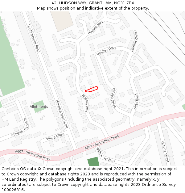 42, HUDSON WAY, GRANTHAM, NG31 7BX: Location map and indicative extent of plot