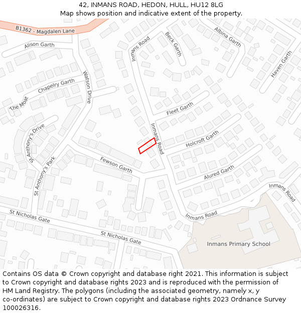 42, INMANS ROAD, HEDON, HULL, HU12 8LG: Location map and indicative extent of plot