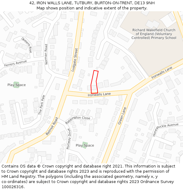 42, IRON WALLS LANE, TUTBURY, BURTON-ON-TRENT, DE13 9NH: Location map and indicative extent of plot