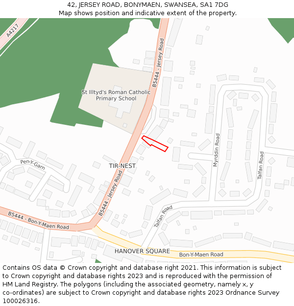 42, JERSEY ROAD, BONYMAEN, SWANSEA, SA1 7DG: Location map and indicative extent of plot