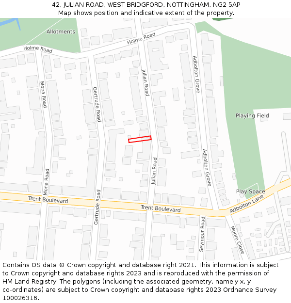 42, JULIAN ROAD, WEST BRIDGFORD, NOTTINGHAM, NG2 5AP: Location map and indicative extent of plot