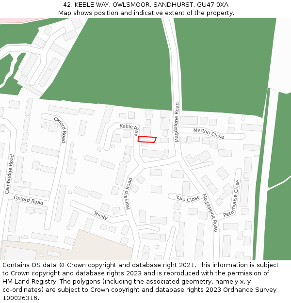 42, KEBLE WAY, OWLSMOOR, SANDHURST, GU47 0XA: Location map and indicative extent of plot