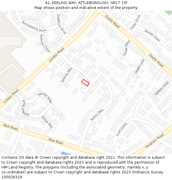 42, KEELING WAY, ATTLEBOROUGH, NR17 1YF: Location map and indicative extent of plot