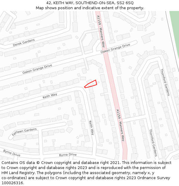 42, KEITH WAY, SOUTHEND-ON-SEA, SS2 6SQ: Location map and indicative extent of plot
