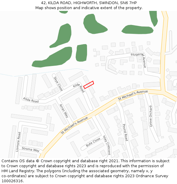 42, KILDA ROAD, HIGHWORTH, SWINDON, SN6 7HP: Location map and indicative extent of plot