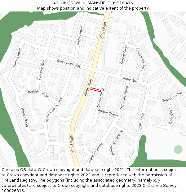 42, KINGS WALK, MANSFIELD, NG18 4XN: Location map and indicative extent of plot