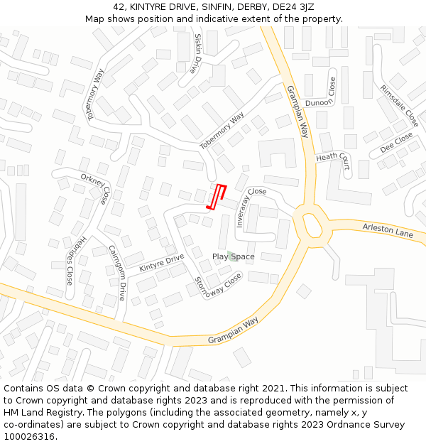 42, KINTYRE DRIVE, SINFIN, DERBY, DE24 3JZ: Location map and indicative extent of plot