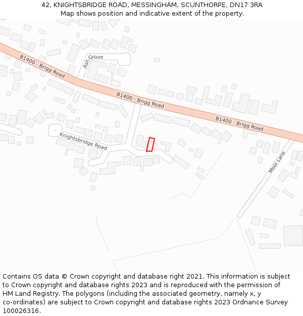 42, KNIGHTSBRIDGE ROAD, MESSINGHAM, SCUNTHORPE, DN17 3RA: Location map and indicative extent of plot