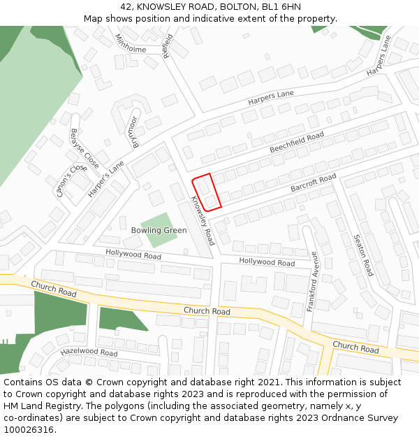 42, KNOWSLEY ROAD, BOLTON, BL1 6HN: Location map and indicative extent of plot