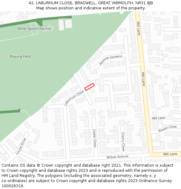 42, LABURNUM CLOSE, BRADWELL, GREAT YARMOUTH, NR31 8JB: Location map and indicative extent of plot