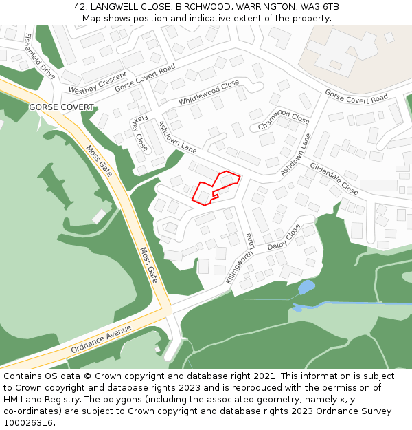 42, LANGWELL CLOSE, BIRCHWOOD, WARRINGTON, WA3 6TB: Location map and indicative extent of plot