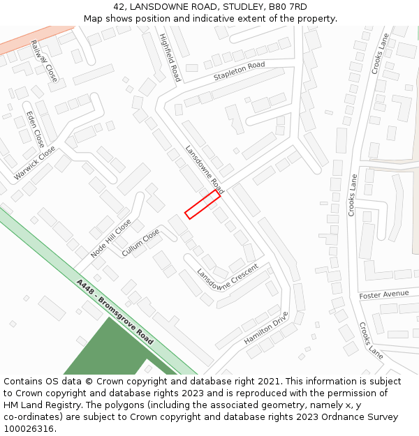 42, LANSDOWNE ROAD, STUDLEY, B80 7RD: Location map and indicative extent of plot