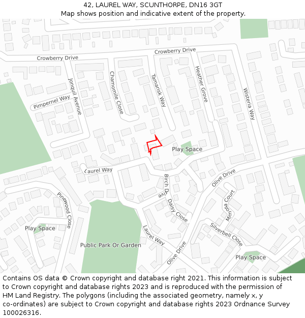 42, LAUREL WAY, SCUNTHORPE, DN16 3GT: Location map and indicative extent of plot