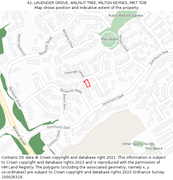 42, LAVENDER GROVE, WALNUT TREE, MILTON KEYNES, MK7 7DB: Location map and indicative extent of plot