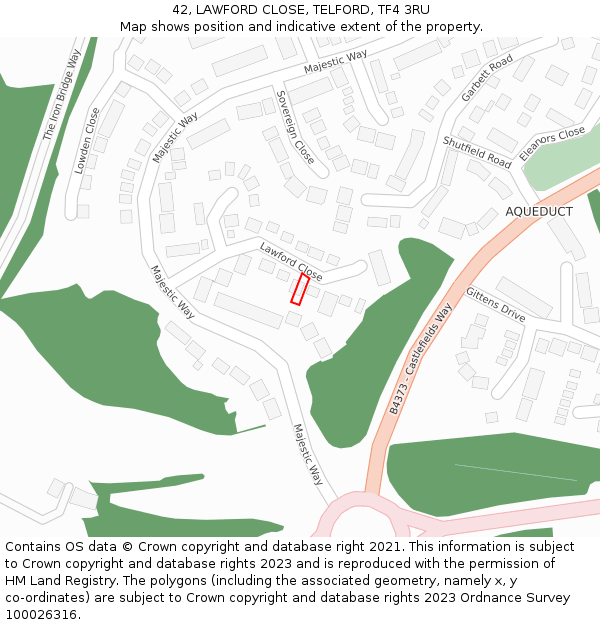 42, LAWFORD CLOSE, TELFORD, TF4 3RU: Location map and indicative extent of plot