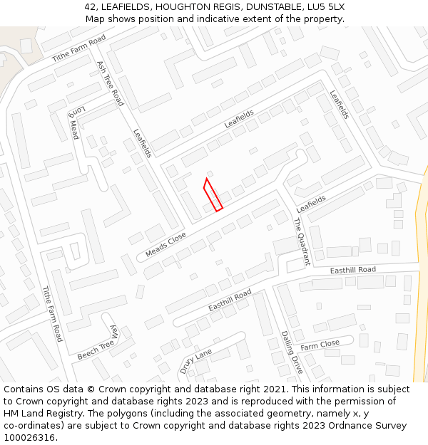 42, LEAFIELDS, HOUGHTON REGIS, DUNSTABLE, LU5 5LX: Location map and indicative extent of plot