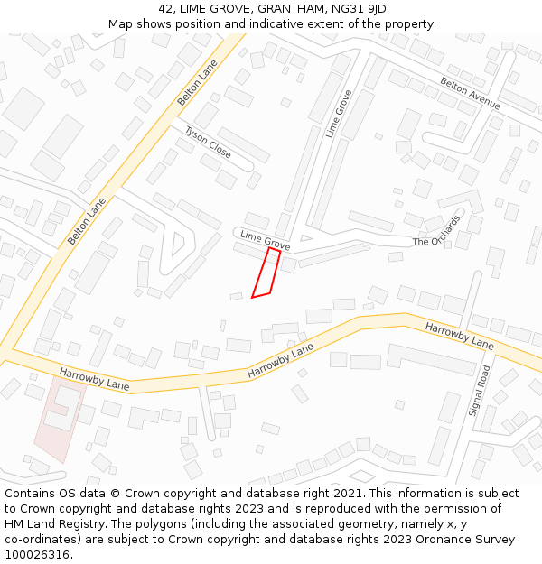 42, LIME GROVE, GRANTHAM, NG31 9JD: Location map and indicative extent of plot