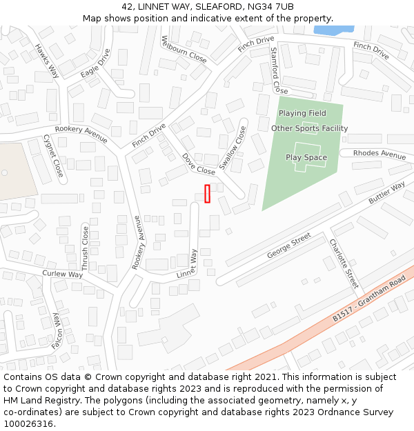 42, LINNET WAY, SLEAFORD, NG34 7UB: Location map and indicative extent of plot
