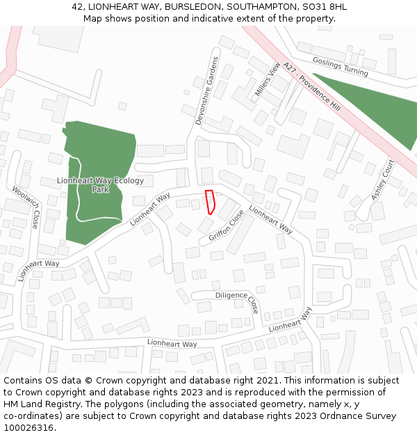 42, LIONHEART WAY, BURSLEDON, SOUTHAMPTON, SO31 8HL: Location map and indicative extent of plot