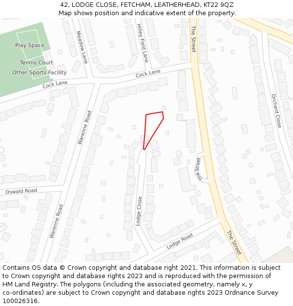 42, LODGE CLOSE, FETCHAM, LEATHERHEAD, KT22 9QZ: Location map and indicative extent of plot