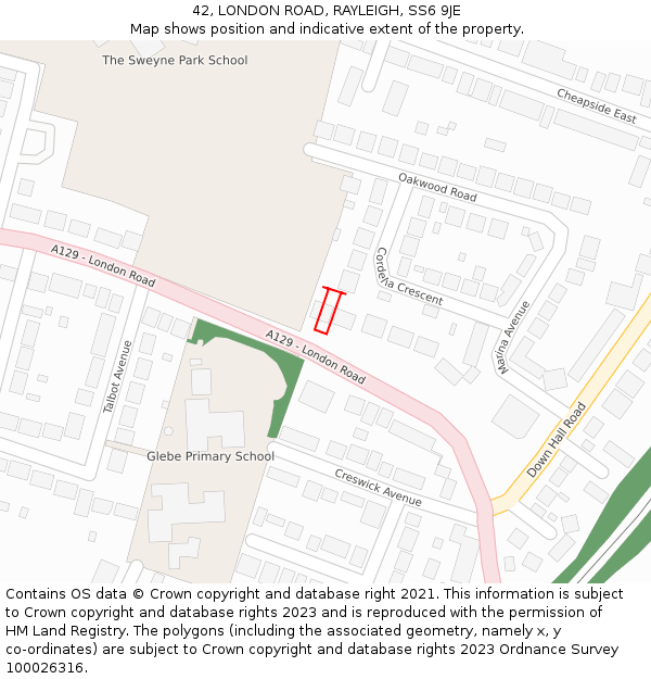 42, LONDON ROAD, RAYLEIGH, SS6 9JE: Location map and indicative extent of plot