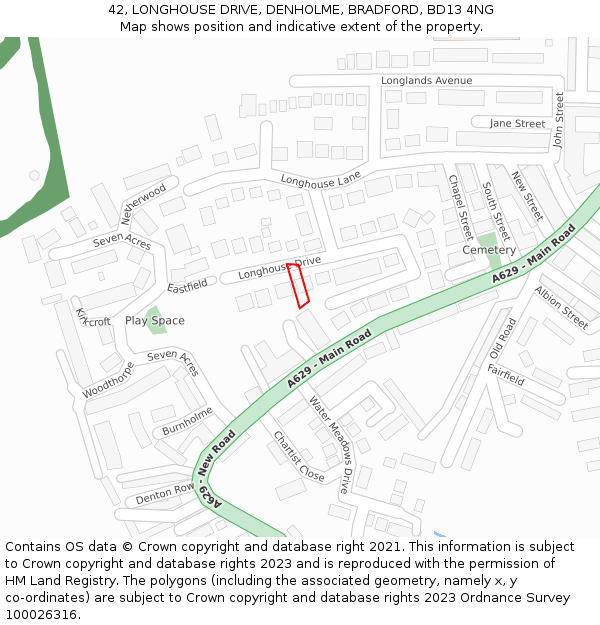 42, LONGHOUSE DRIVE, DENHOLME, BRADFORD, BD13 4NG: Location map and indicative extent of plot