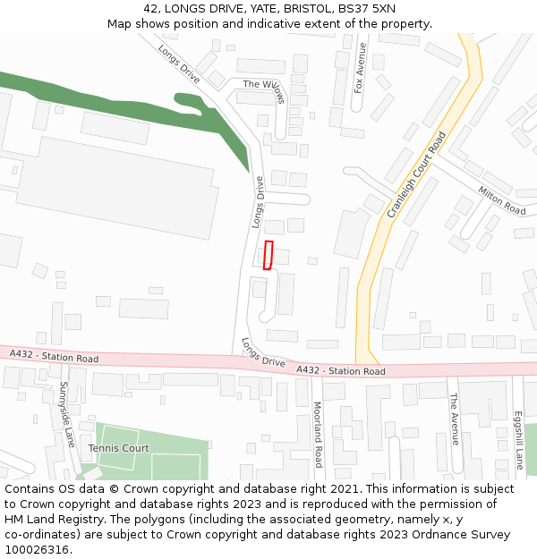 42, LONGS DRIVE, YATE, BRISTOL, BS37 5XN: Location map and indicative extent of plot