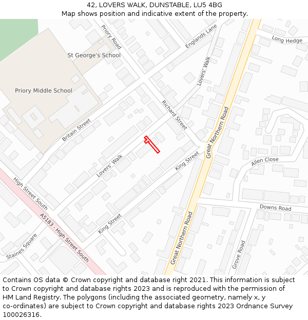 42, LOVERS WALK, DUNSTABLE, LU5 4BG: Location map and indicative extent of plot