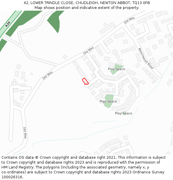 42, LOWER TRINDLE CLOSE, CHUDLEIGH, NEWTON ABBOT, TQ13 0FB: Location map and indicative extent of plot