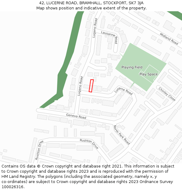 42, LUCERNE ROAD, BRAMHALL, STOCKPORT, SK7 3JA: Location map and indicative extent of plot