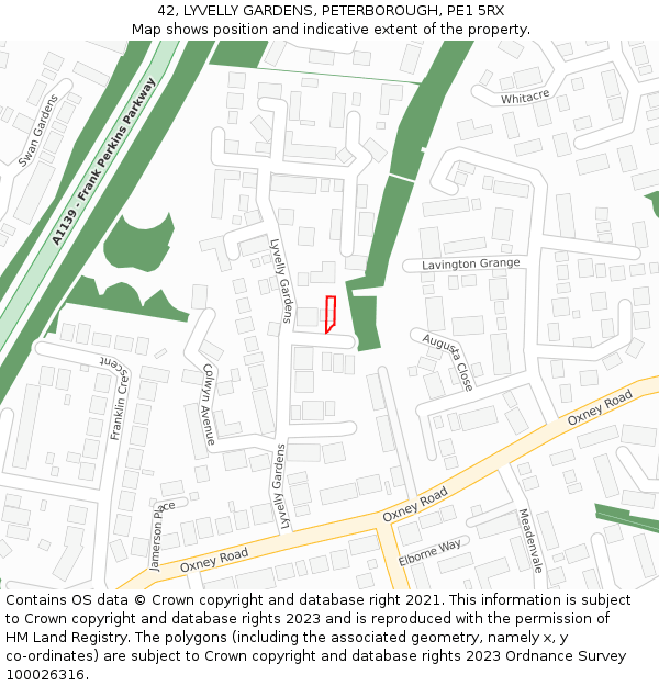 42, LYVELLY GARDENS, PETERBOROUGH, PE1 5RX: Location map and indicative extent of plot