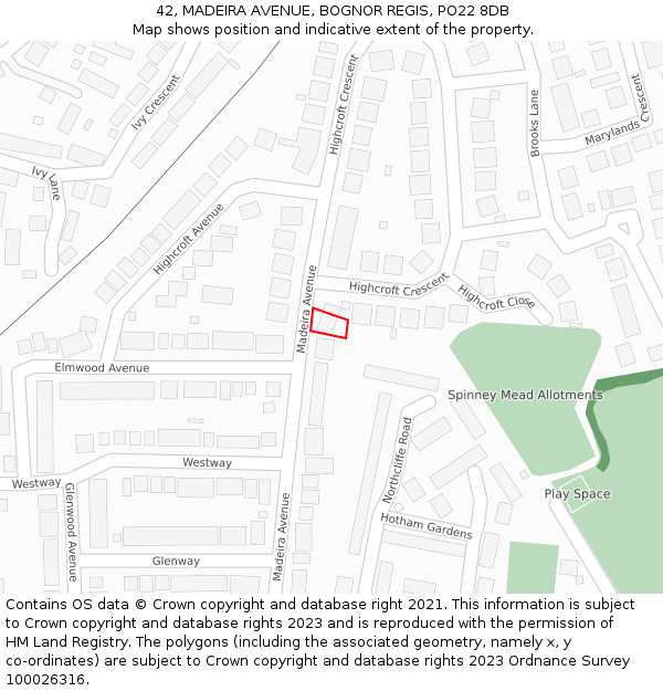 42, MADEIRA AVENUE, BOGNOR REGIS, PO22 8DB: Location map and indicative extent of plot