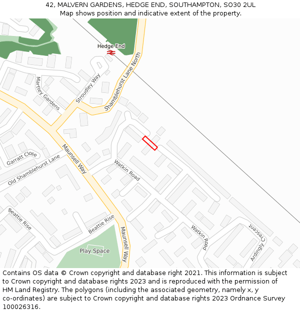 42, MALVERN GARDENS, HEDGE END, SOUTHAMPTON, SO30 2UL: Location map and indicative extent of plot