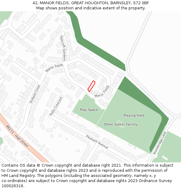 42, MANOR FIELDS, GREAT HOUGHTON, BARNSLEY, S72 0BF: Location map and indicative extent of plot