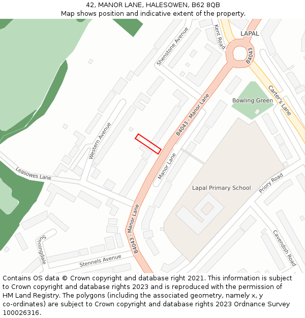 42, MANOR LANE, HALESOWEN, B62 8QB: Location map and indicative extent of plot