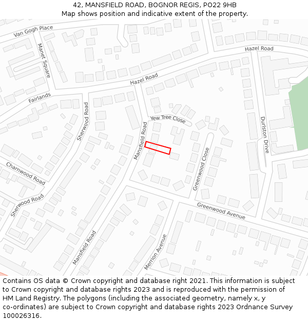 42, MANSFIELD ROAD, BOGNOR REGIS, PO22 9HB: Location map and indicative extent of plot