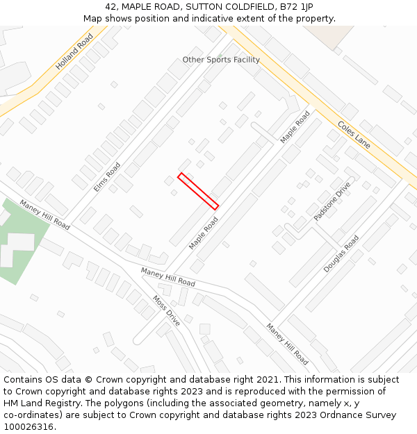 42, MAPLE ROAD, SUTTON COLDFIELD, B72 1JP: Location map and indicative extent of plot