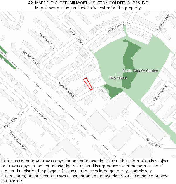 42, MARFIELD CLOSE, MINWORTH, SUTTON COLDFIELD, B76 1YD: Location map and indicative extent of plot