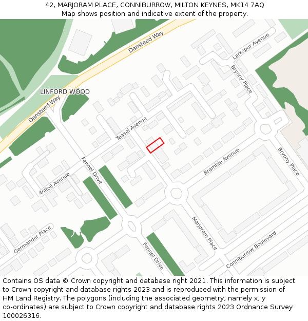 42, MARJORAM PLACE, CONNIBURROW, MILTON KEYNES, MK14 7AQ: Location map and indicative extent of plot