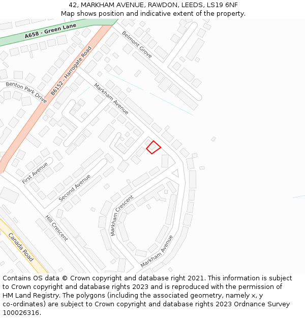 42, MARKHAM AVENUE, RAWDON, LEEDS, LS19 6NF: Location map and indicative extent of plot