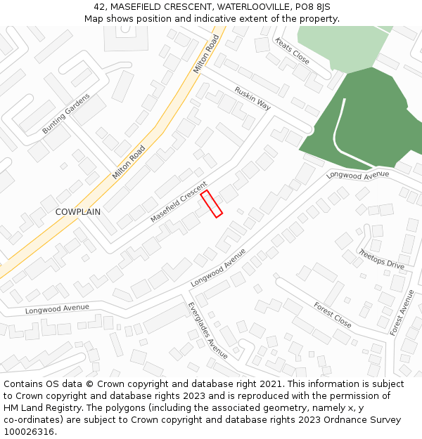 42, MASEFIELD CRESCENT, WATERLOOVILLE, PO8 8JS: Location map and indicative extent of plot