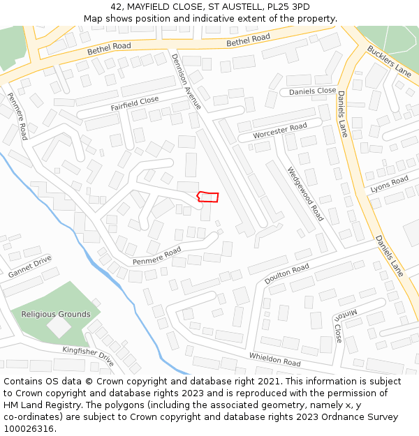 42, MAYFIELD CLOSE, ST AUSTELL, PL25 3PD: Location map and indicative extent of plot