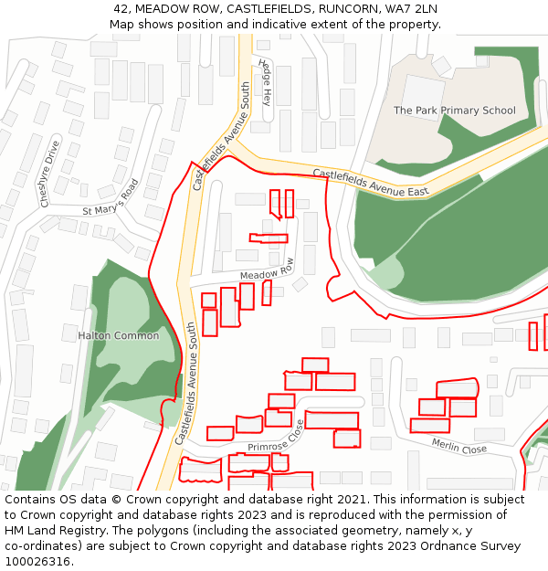 42, MEADOW ROW, CASTLEFIELDS, RUNCORN, WA7 2LN: Location map and indicative extent of plot