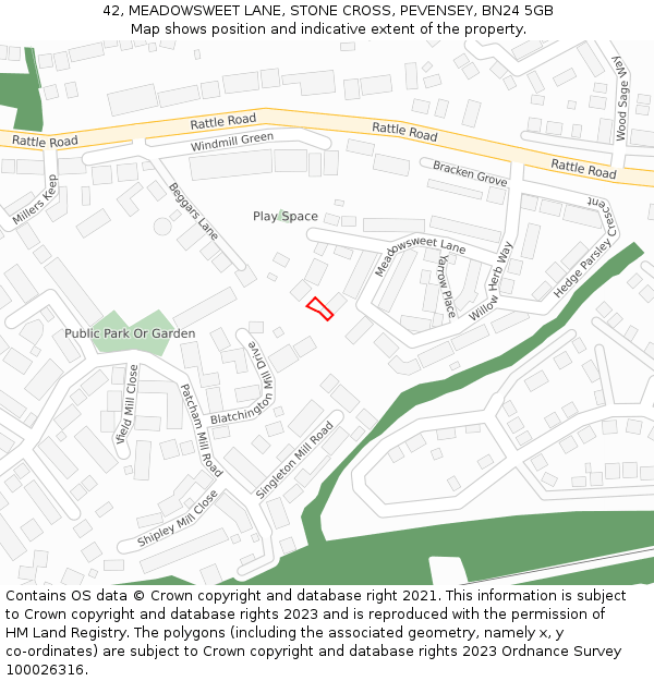 42, MEADOWSWEET LANE, STONE CROSS, PEVENSEY, BN24 5GB: Location map and indicative extent of plot