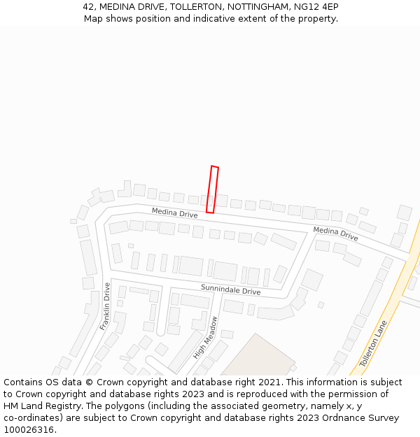 42, MEDINA DRIVE, TOLLERTON, NOTTINGHAM, NG12 4EP: Location map and indicative extent of plot