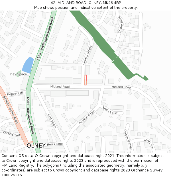 42, MIDLAND ROAD, OLNEY, MK46 4BP: Location map and indicative extent of plot