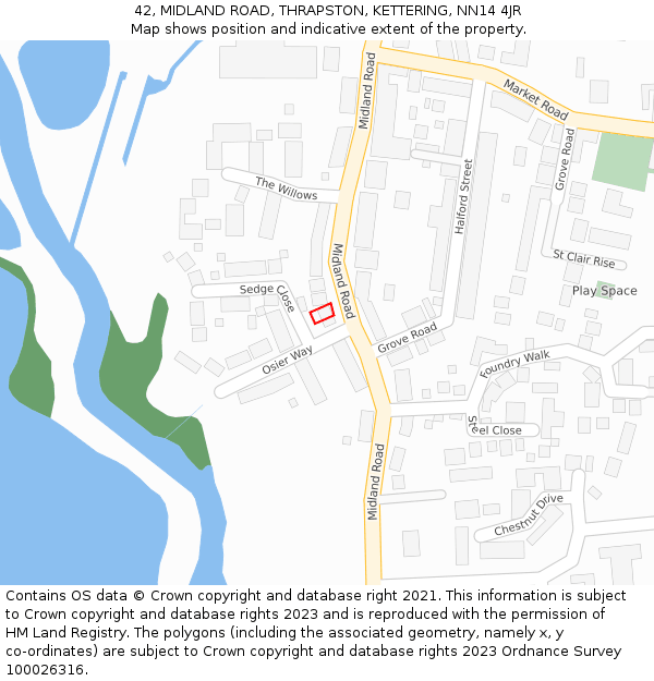 42, MIDLAND ROAD, THRAPSTON, KETTERING, NN14 4JR: Location map and indicative extent of plot