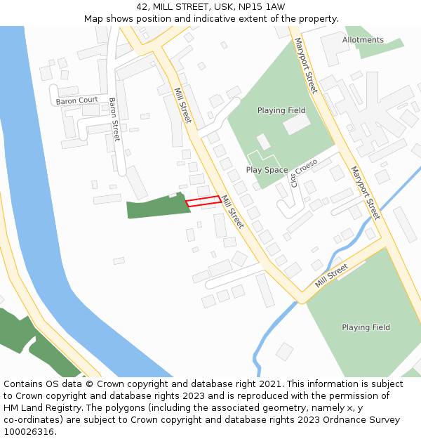 42, MILL STREET, USK, NP15 1AW: Location map and indicative extent of plot